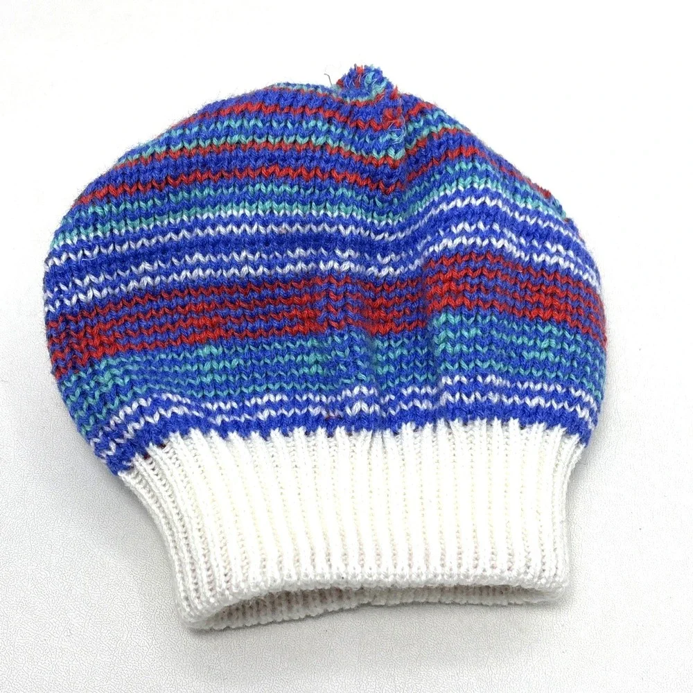 Vintage Toddler Beanie Hat Winter Cap Red Blue Flowers Floral Pom Pom‎ 90s